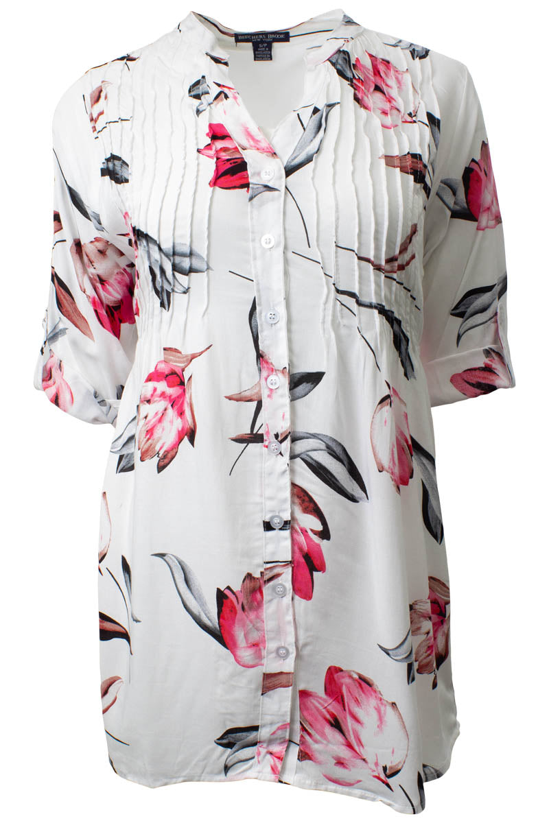 Printed Roll Up Sleeve Tunic Shirt - White - Womens Shirts & Blouses - Fairweather