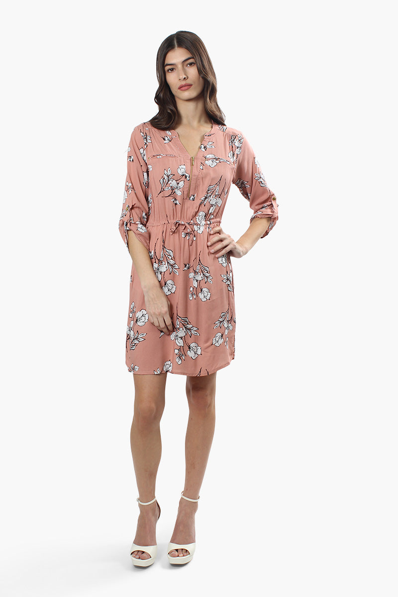 Beechers Brook Floral Roll Up Sleeve Day Dress - Pink - Womens Day Dresses - Fairweather