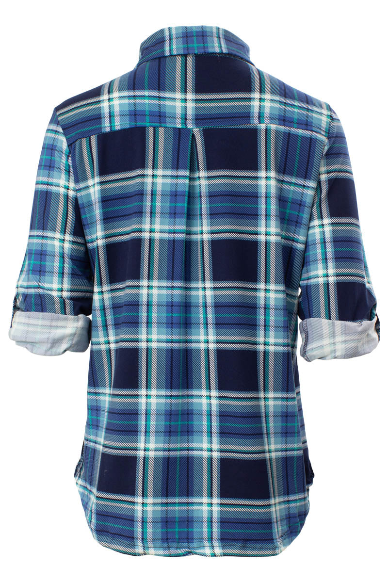 Plaid Printed Roll Up Sleeve Shirt - Blue - Womens Shirts & Blouses - Fairweather