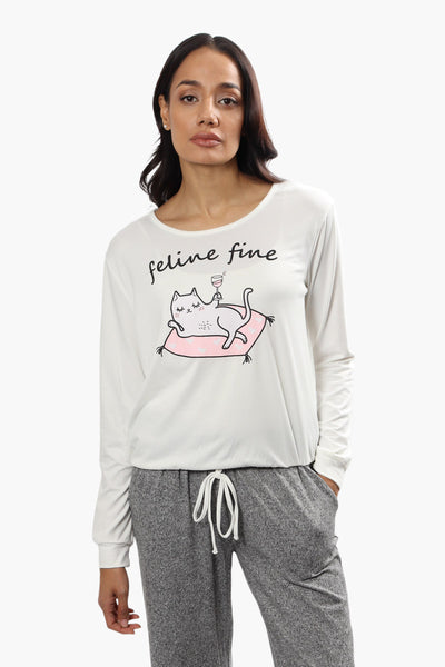 Cuddly Canuckies Feline Fine Print Pajama Top - White - Womens Pajamas - Fairweather