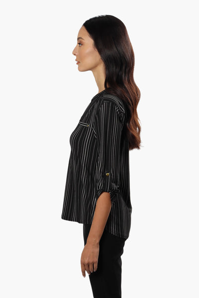 International INC Company Striped Roll Up Sleeve Blouse - Black - Womens Shirts & Blouses - Fairweather