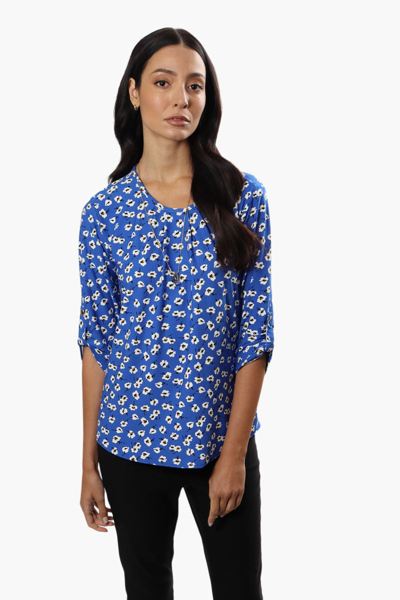 International INC Company Floral Roll Up Sleeve Blouse - Blue - Womens Shirts & Blouses - Fairweather