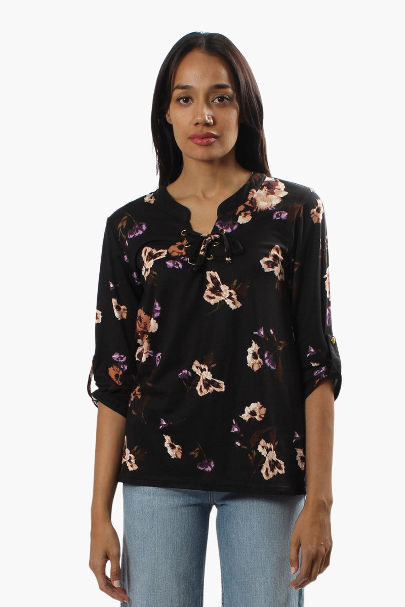 Majora Floral Roll Up Sleeve Blouse - Black - Womens Shirts & Blouses - Fairweather