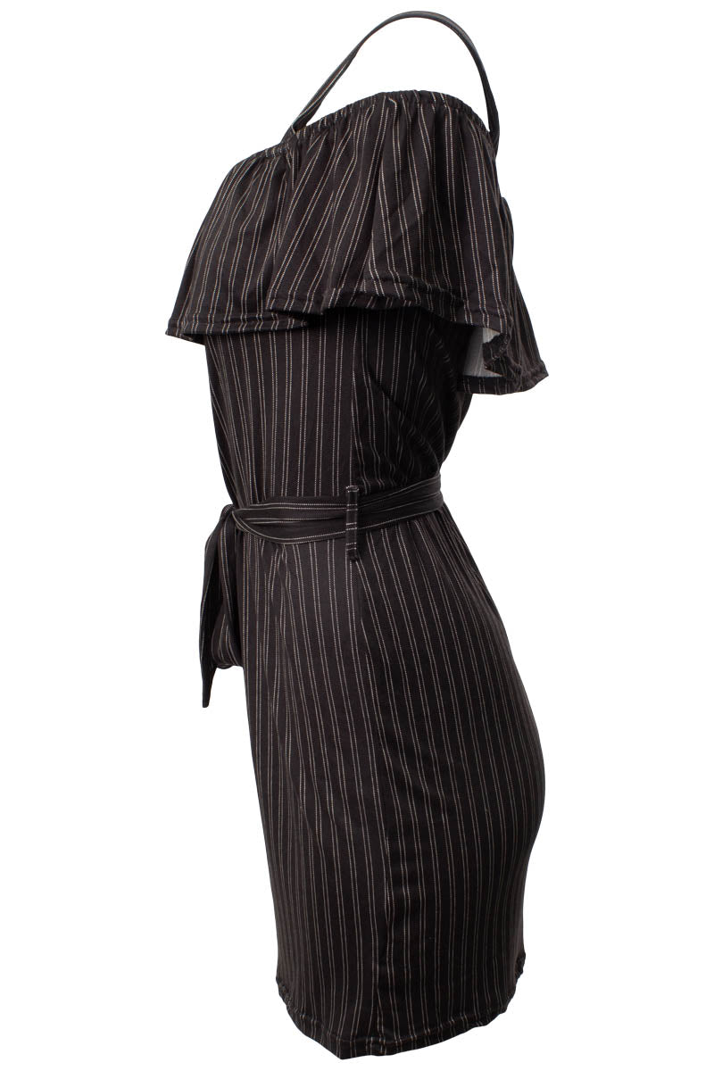 Striped Ruffle Belted Day Dress - Black - Womens Day Dresses - Fairweather