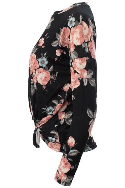 Floral Pattern Side Twist Long Sleeve Top - Black - Womens Long Sleeve Tops - Fairweather