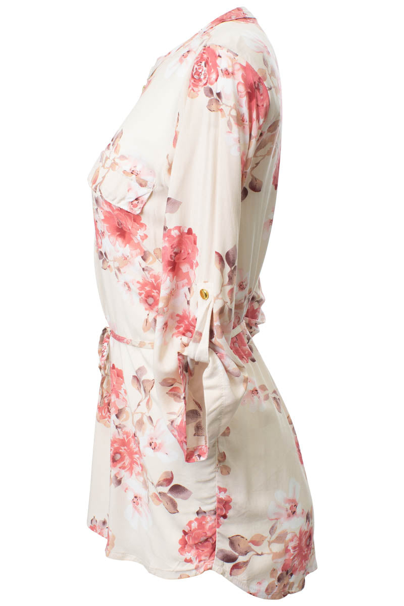 Floral Printed Zip Front Tunic Shirt - Pink - Womens Shirts & Blouses - Fairweather
