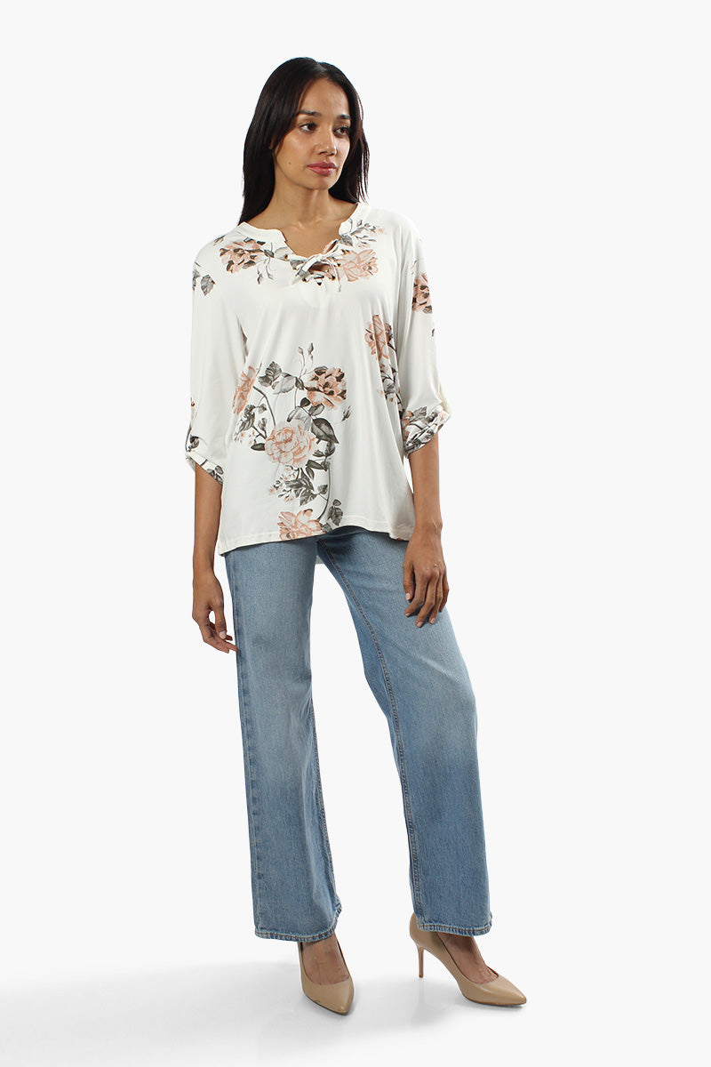 Majora Floral Roll Up Sleeve Blouse - White - Womens Shirts & Blouses - Fairweather