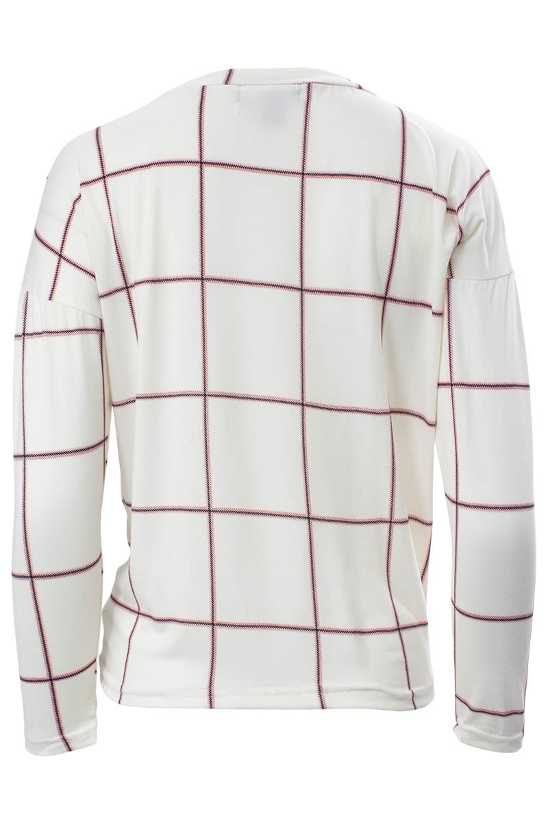 Plaid Printed Side Twist Long Sleeve Top - White - Womens Long Sleeve Tops - Fairweather
