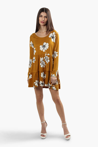 International INC Company Floral Tiered Long Sleeve Day Dress - Mustard - Womens Day Dresses - Fairweather