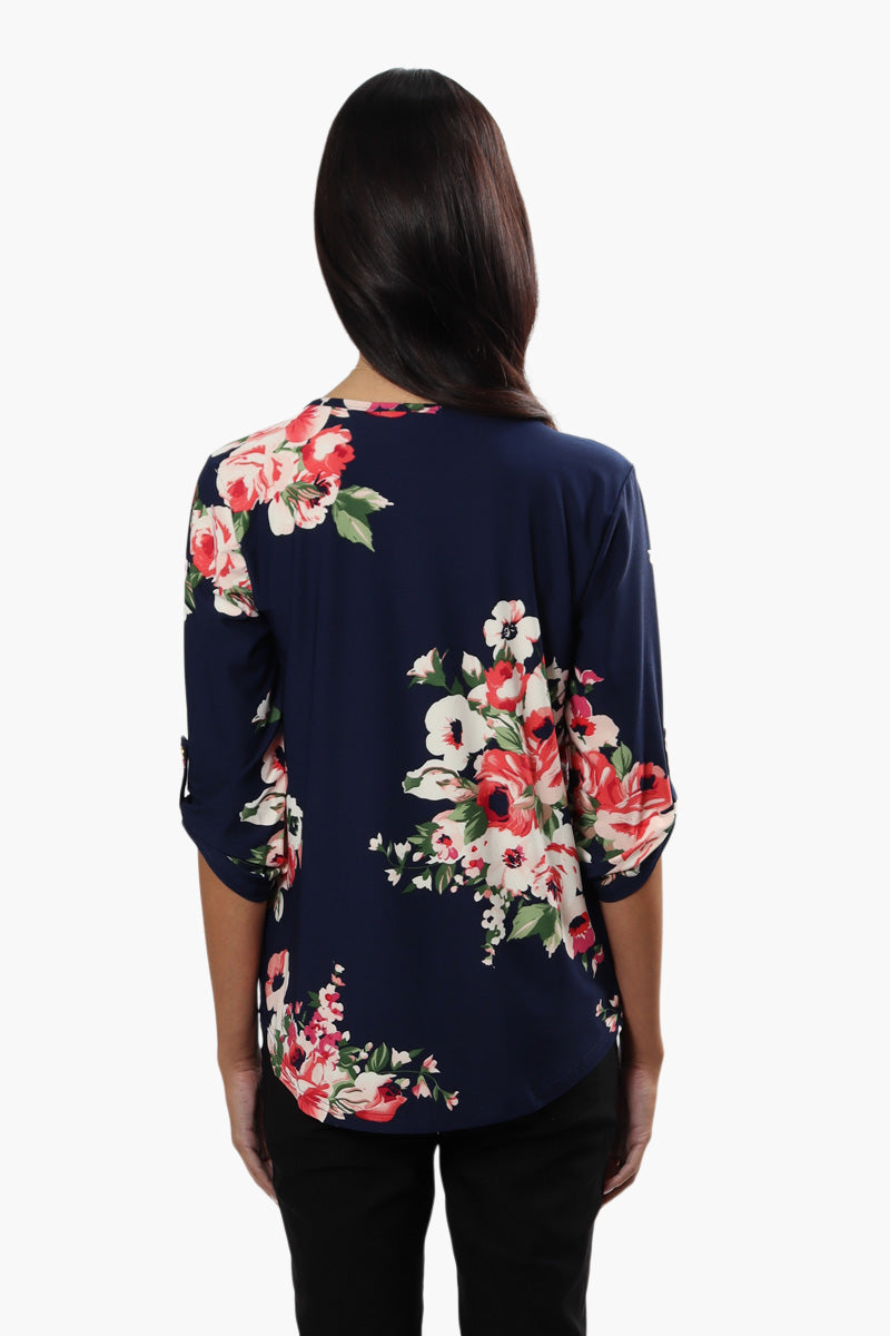 International INC Company Floral Roll Up Sleeve Blouse - Navy - Womens Shirts & Blouses - Fairweather