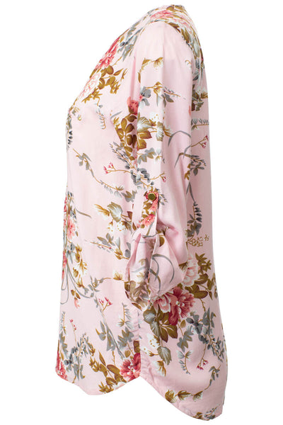Floral Printed Zip Front Roll Up Sleeve Shirt - Pink - Womens Shirts & Blouses - Fairweather
