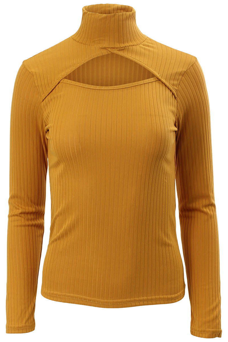 Majora Ribbed Cut Out Front Long Sleeve Top - Yellow - Womens Long Sleeve Tops - Fairweather