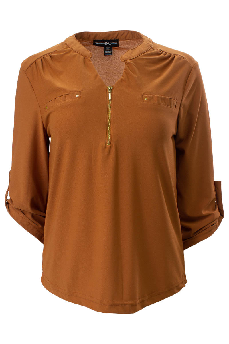 Solid Roll Up Sleeve Front Pocket Shirt - Rust - Womens Shirts & Blouses - Fairweather