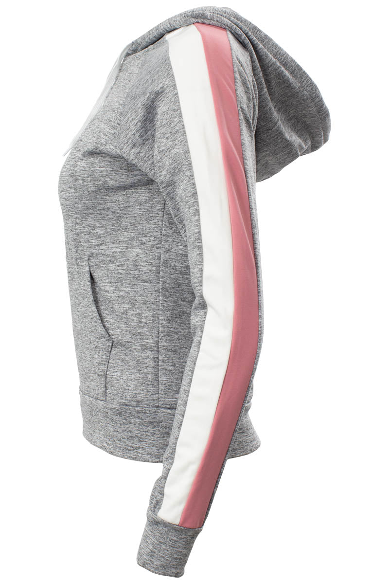 Solid Zip Front Side Stripe Hoodie - Grey - Womens Hoodies & Sweatshirts - Fairweather
