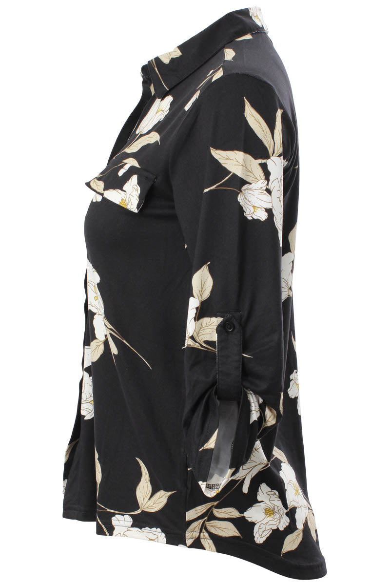 Majora Floral Roll Up Sleeve Shirt - Black - Womens Shirts & Blouses - Fairweather