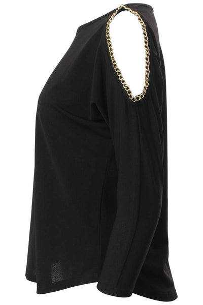 Louise Paris Chain Trim Cold Shoulder Long Sleeve Top - Black - Womens Long Sleeve Tops - Fairweather