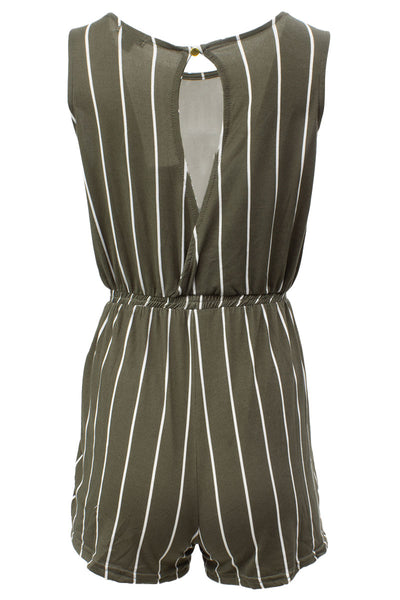 Striped Elastic Waist Sleeveless Romper - Olive - Womens Jumpsuits & Rompers - Fairweather