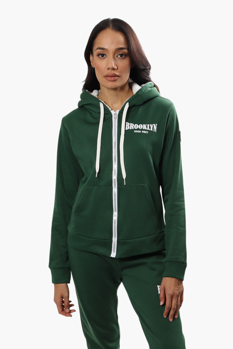 Fahrenheit Brooklyn Print Sherpa Hoodie - Green - Womens Hoodies & Sweatshirts - Fairweather