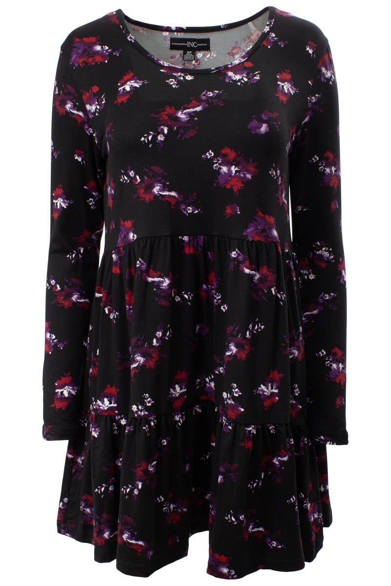 Floral Pattern Scoop Neck Day Dress - Black - Womens Day Dresses - Fairweather