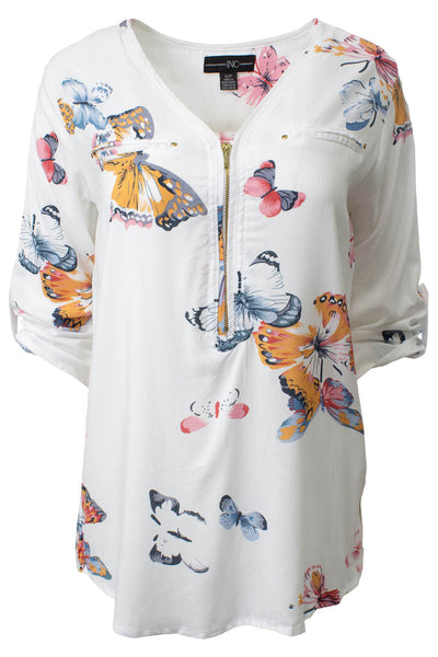 Butterfly Printed Zip Front Roll Up Sleeve Shirt - White - Womens Shirts & Blouses - Fairweather