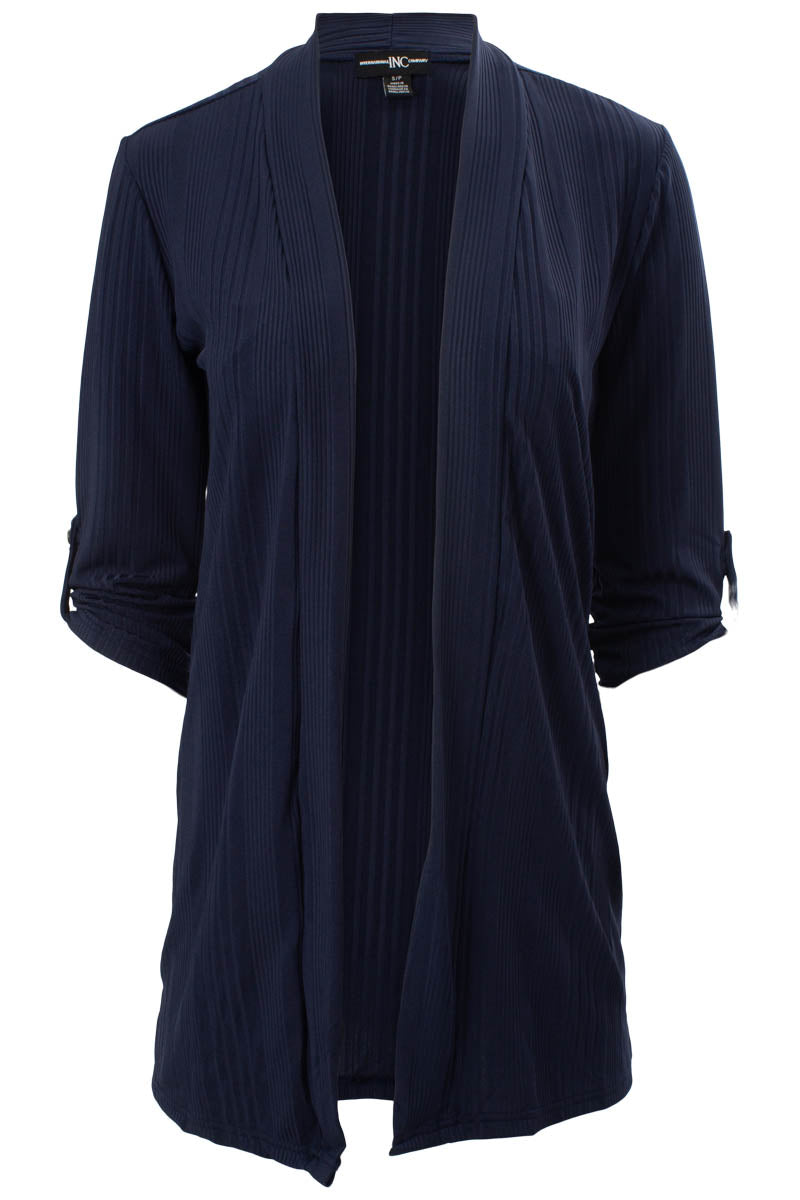 Solid Ribbed Roll Up Sleeve Open Cardigan - Navy - Womens Cardigans - Fairweather