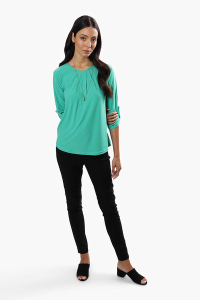 International INC Company Solid Roll Up Sleeve Blouse - Teal - Womens Shirts & Blouses - Fairweather