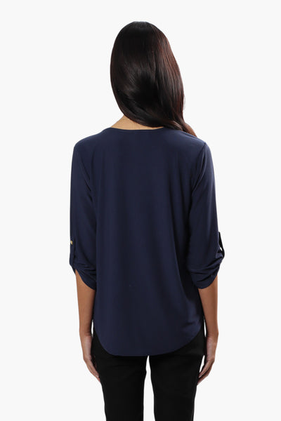 International INC Company Solid Roll Up Sleeve Blouse - Navy - Womens Shirts & Blouses - Fairweather