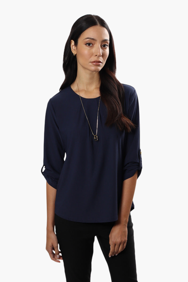 International INC Company Solid Roll Up Sleeve Blouse - Navy - Womens Shirts & Blouses - Fairweather