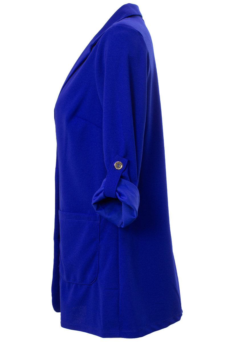 Solid Roll Up Sleeve Padded Shoulder Blazer - Blue - Womens Blazers - Fairweather