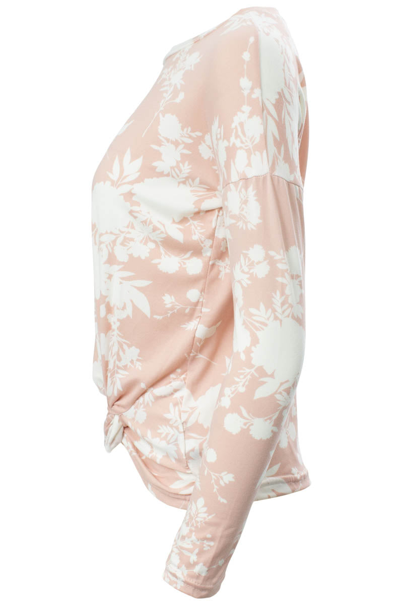 Floral Pattern Side Twist Long Sleeve Top - Blush - Womens Long Sleeve Tops - Fairweather