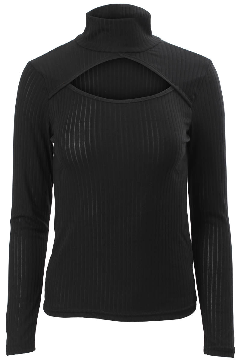 Majora Ribbed Cut Out Front Long Sleeve Top - Black - Womens Long Sleeve Tops - Fairweather