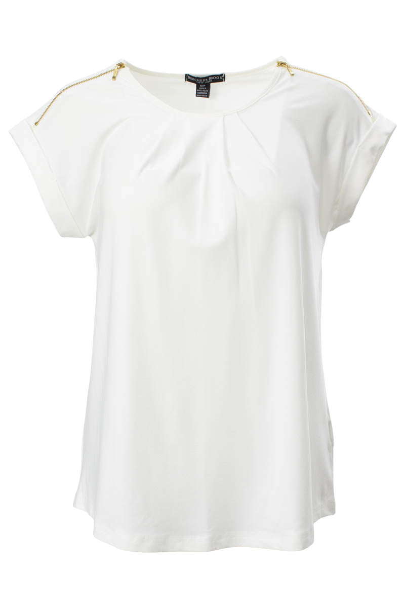 Solid Zip Shoulder Cap Sleeve Tee - White - Womens Tees & Tank Tops - Fairweather