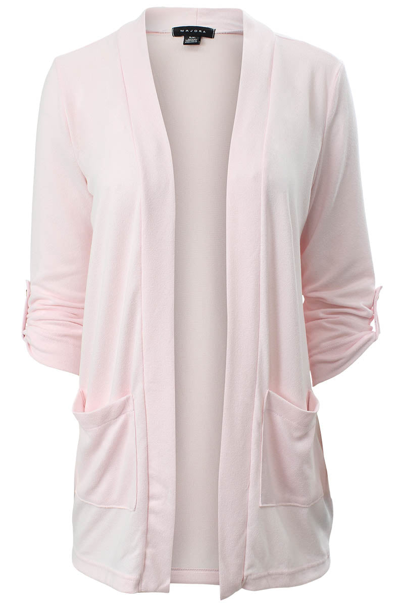 Majora Roll Up Sleeve Open Front Cardigan - Pink - Womens Cardigans - Fairweather
