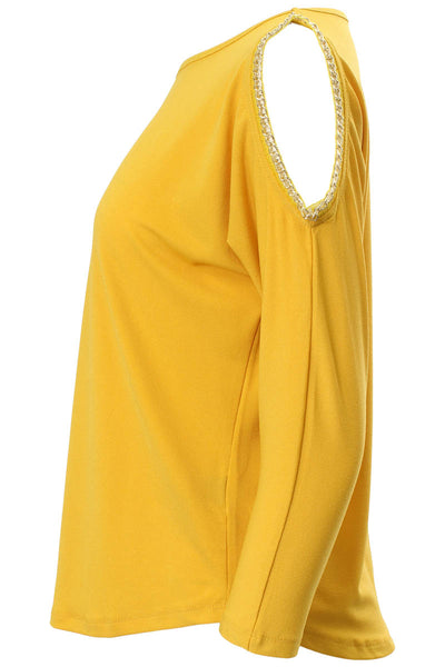 Louise Paris Chain Trim Cold Shoulder Long Sleeve Top - Yellow - Womens Long Sleeve Tops - Fairweather