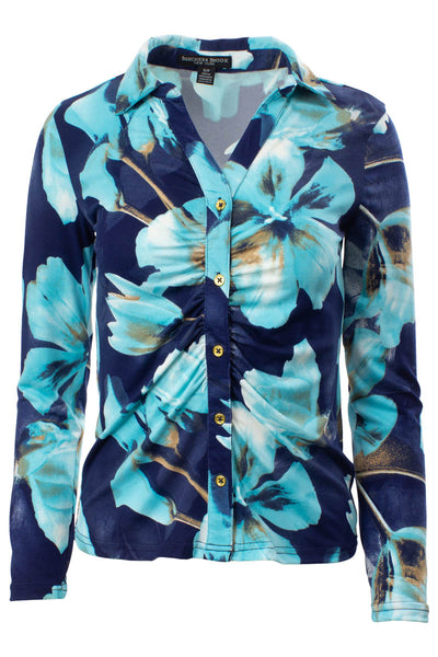 Floral Cinched Front Button Down Shirt - Navy - Womens Shirts & Blouses - Fairweather