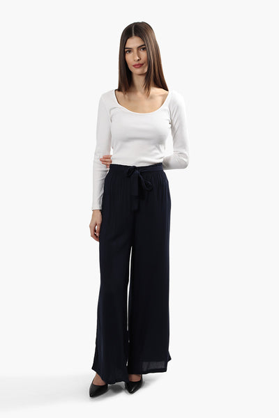 Solid Wide Leg Belted Palazzo Pants - Navy - Womens Pants - Fairweather