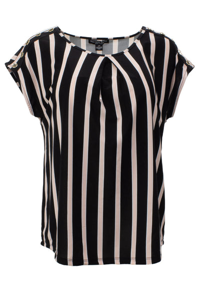 Striped Button Shoulder Tee - Black - Womens Tees & Tank Tops - Fairweather