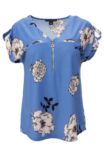 Floral Front Zip Cap Sleeve Tee - Blue - Womens Tees & Tank Tops - Fairweather