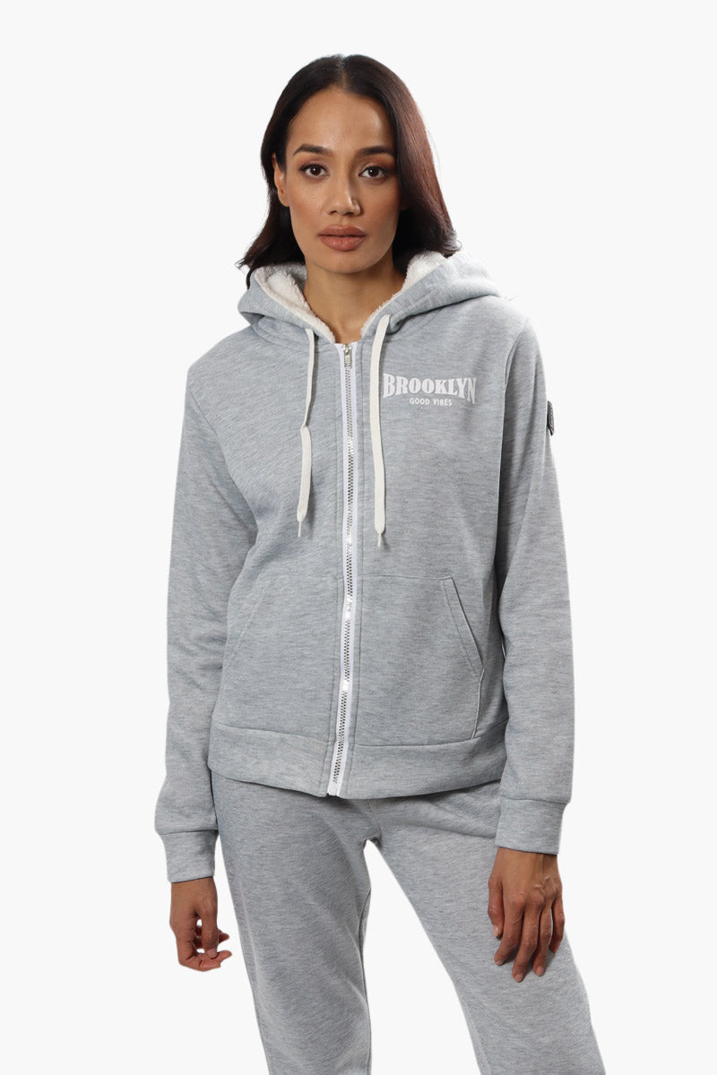 Fahrenheit Brooklyn Print Sherpa Hoodie - Grey - Womens Hoodies & Sweatshirts - Fairweather