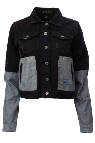 Color Block Button Front Denim Jacket - Black - Womens Denim Jackets & Vests - Fairweather