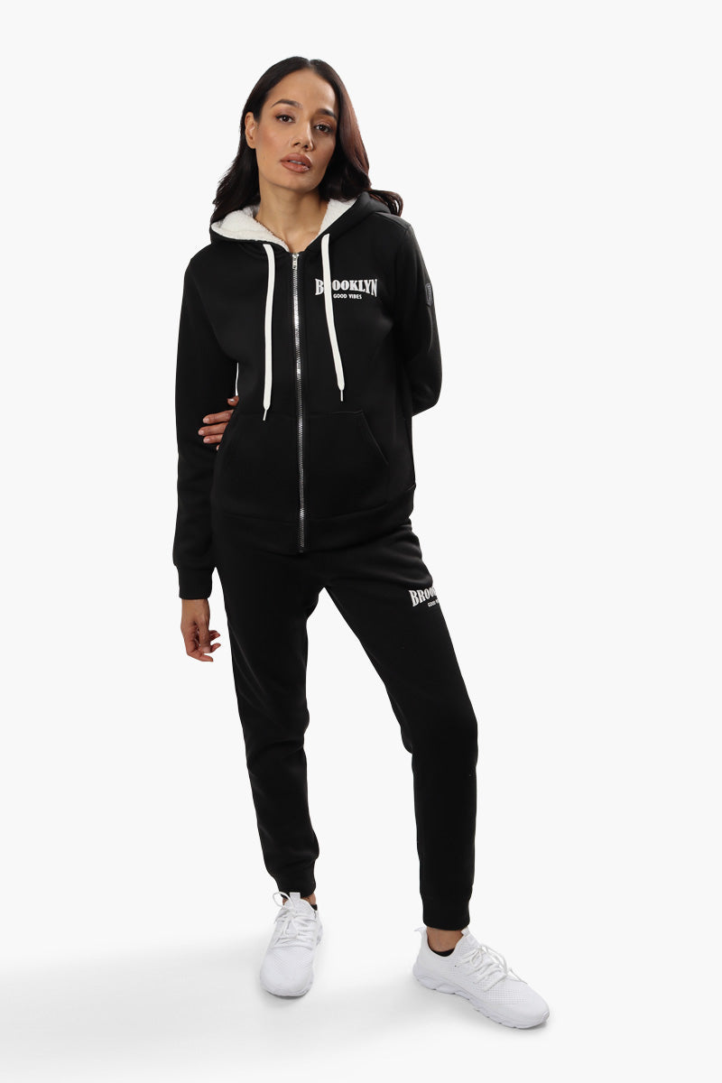 Fahrenheit Brooklyn Print Sherpa Hoodie - Black - Womens Hoodies & Sweatshirts - Fairweather