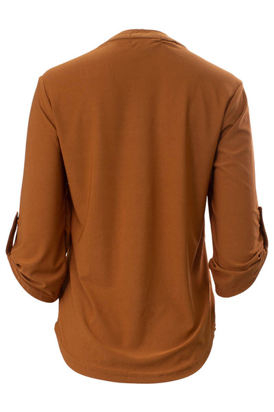 Solid Roll Up Sleeve Front Pocket Shirt - Rust - Womens Shirts & Blouses - Fairweather