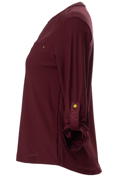 Solid Roll Up Sleeve Front Pocket Shirt - Burgundy - Womens Shirts & Blouses - Fairweather
