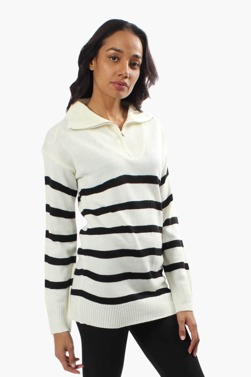 International INC Company Striped Front Zip Pullover Sweater - White - Womens Pullover Sweaters - Fairweather
