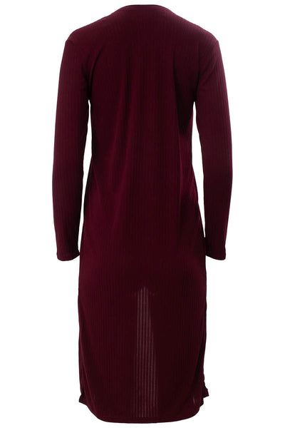 Solid Ribbed Long Sleeve Side Slit Open Cardigan - Burgundy - Womens Cardigans - Fairweather