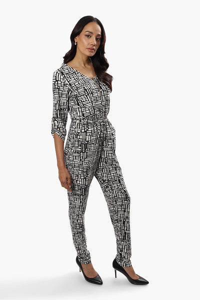 International INC Company Patterned Roll Up Sleeve Jumpsuit - Black - Womens Jumpsuits & Rompers - Fairweather