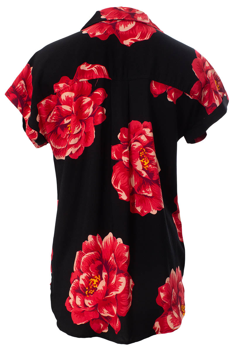 Floral Printed Short Sleeve Front Pocket Shirt - Black - Womens Shirts & Blouses - Fairweather