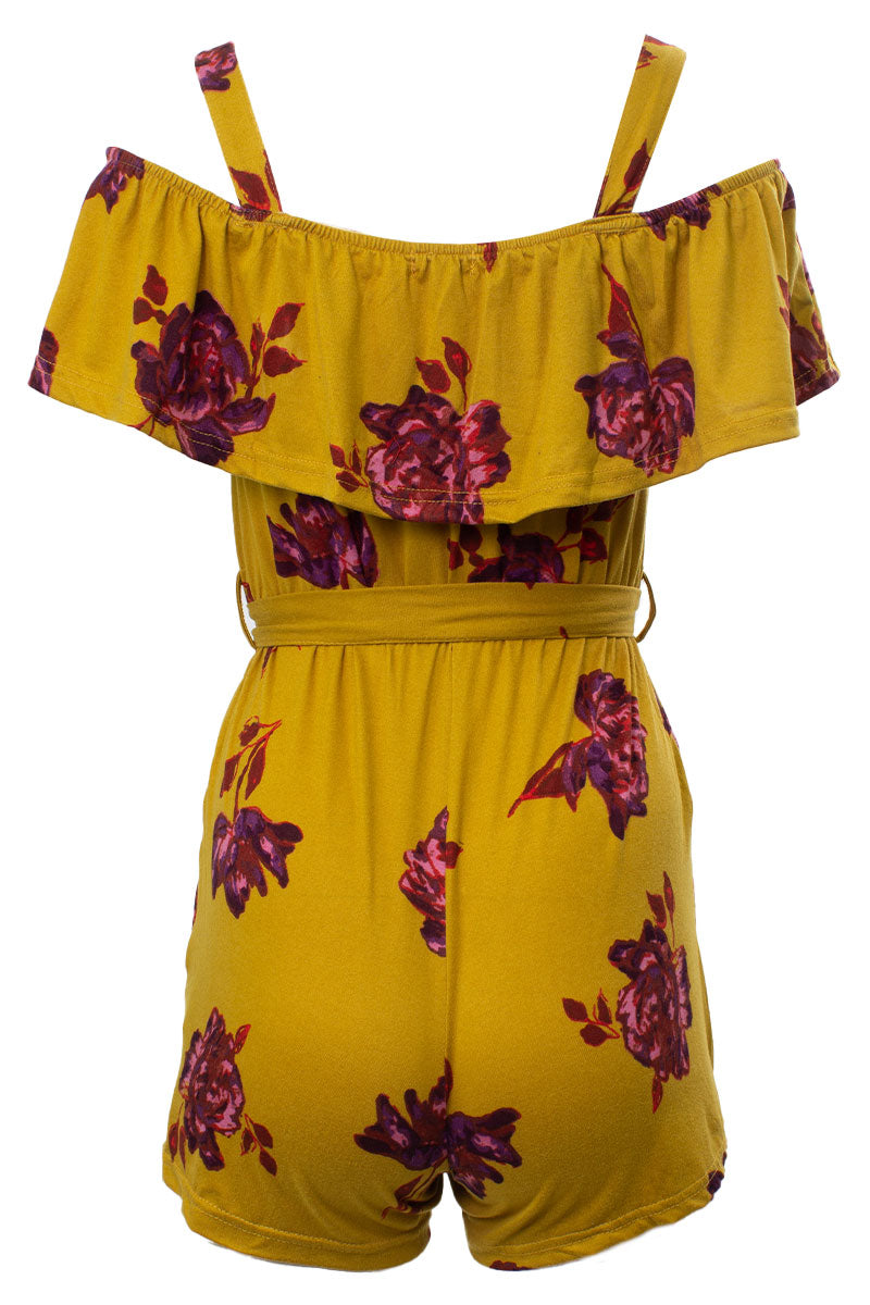 Floral Flounce Belted Romper - Mustard - Womens Jumpsuits & Rompers - Fairweather