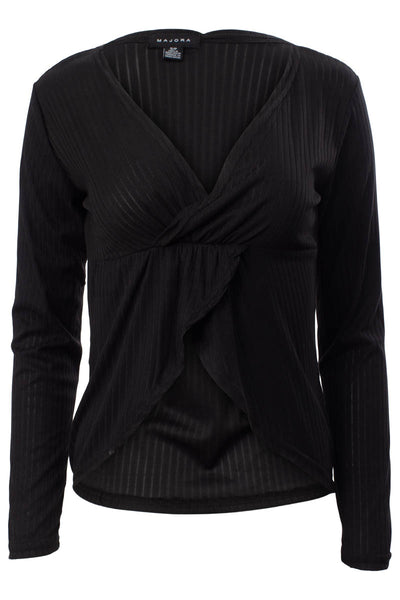 Solid Ribbed Crossover Long Sleeve Top - Black - Womens Long Sleeve Tops - Fairweather