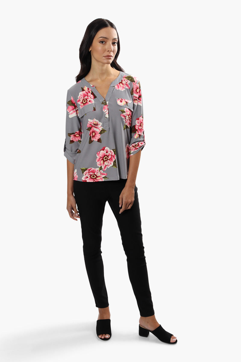International INC Company Floral Henley Blouse - Grey - Womens Shirts & Blouses - Fairweather